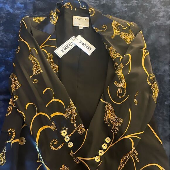 (NWT) L’AGENCE Taryn Leopard Silk Blazer evening jacket black gold (Size 10) - Picture 6 of 6
